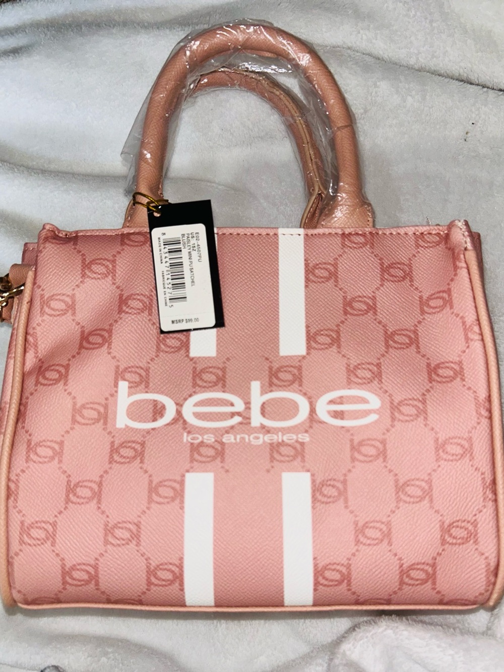 bebe Pink Logo Mini Satchel with White Stripes & strap